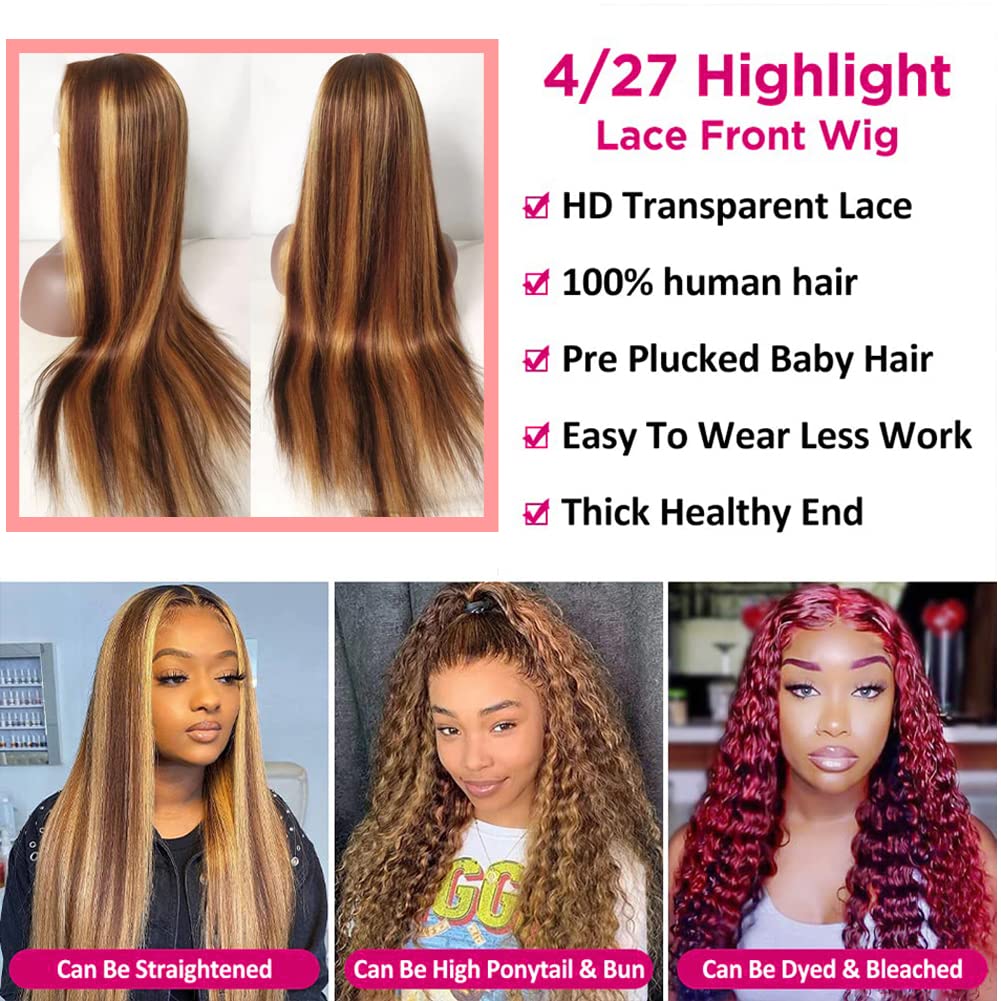 Healthair Ombre Lace Front Wigs Human hair Highlight 4/27 Honey Blonde Lace Front Wig 180% Density Straight Human Hair Wig 13x4 HD Transparent Lace Wigs for Black Women (4/27, 22inch)