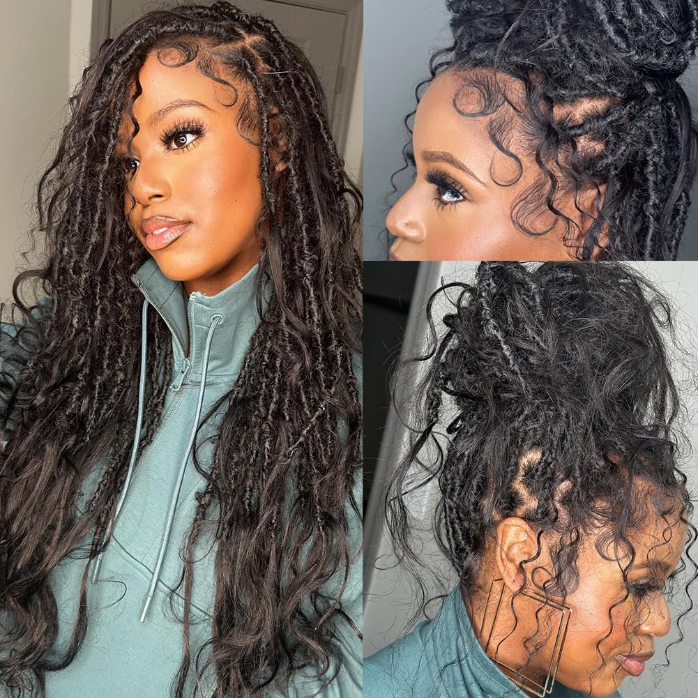 Meadow hair Boho Faux Locs Human Hair Curls Crochet Bohemian Braids Human Hair Knotless Pre Looped Synthetic Goddess Braids With Human Hair Curly Ends Body Wave For Braiding 22Inch 24Locs