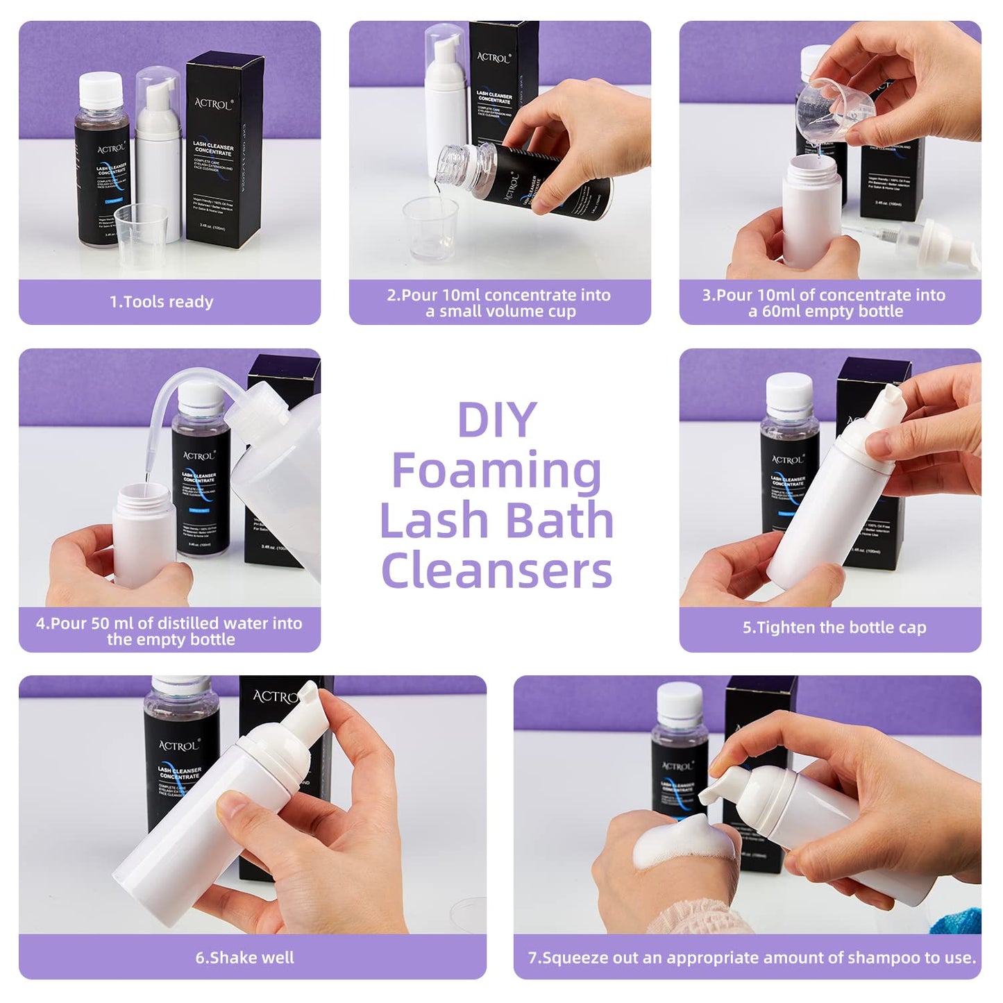 Eyelash Cleanser Concentrate 60ml Unscented Professional Lash Shampoo Foaming Cleanser DIY Wash for Extensions Lashes with Salon Home Care-Makes 6 Bottles