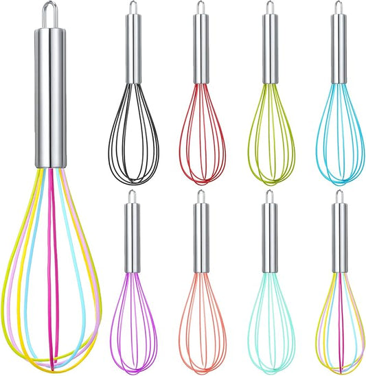 Domensi 8 Pcs 8 Inch Whisks Bulk for Cooking Silicone Whisks Non Scratch Stainless Steel Hand Coated Metal Heat Resistant Egg Beaters for Classroom Cook Party Favor Gift Supplies