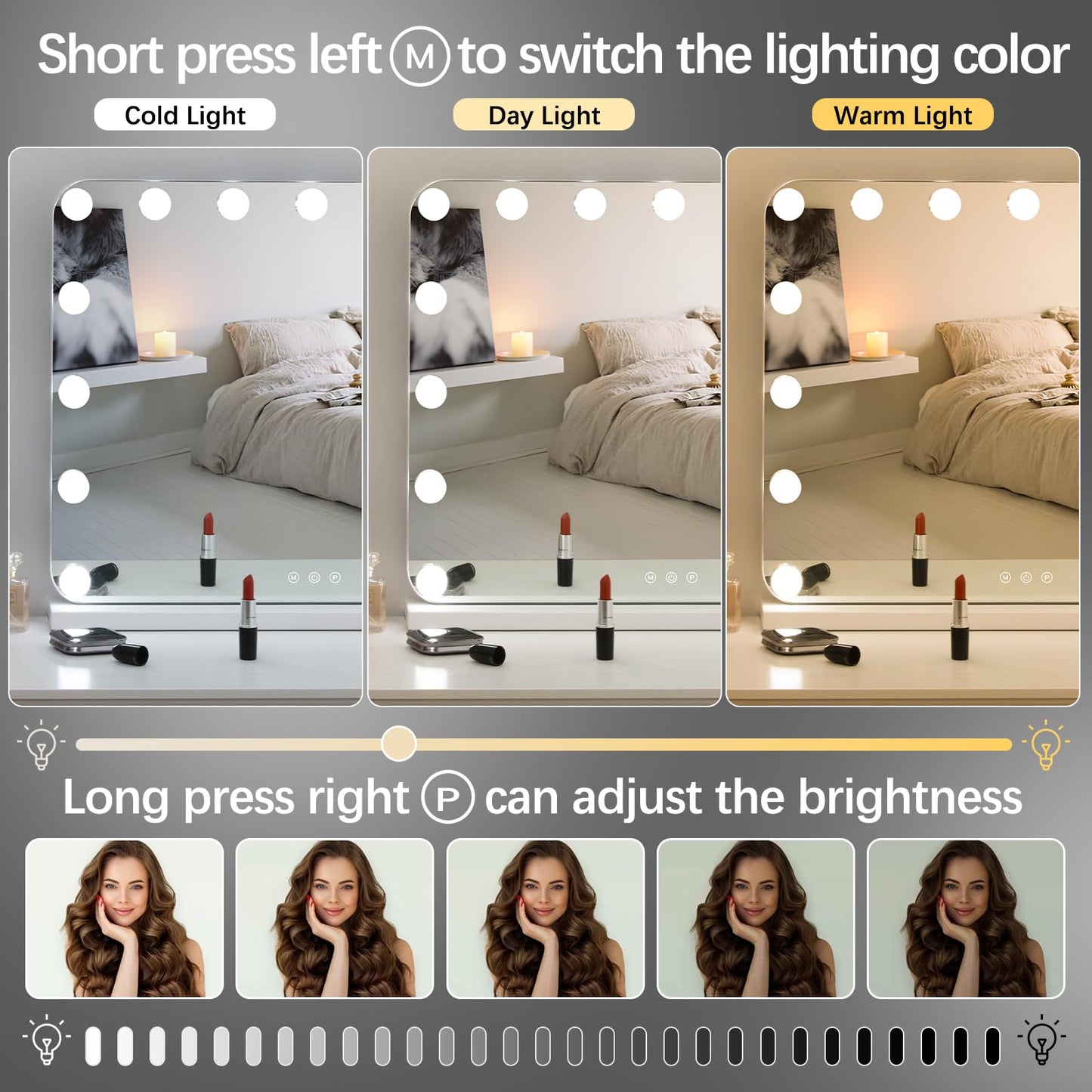 MAMIZO Hollywood Vanity Mirror with Light, Makeup Mirror with Dimmer LED, Lighted Vanity Mirror w/USB, 3 Light Colors, Touch Control 10X Magning,Tabletop/Wall-Mounted (22.8'')