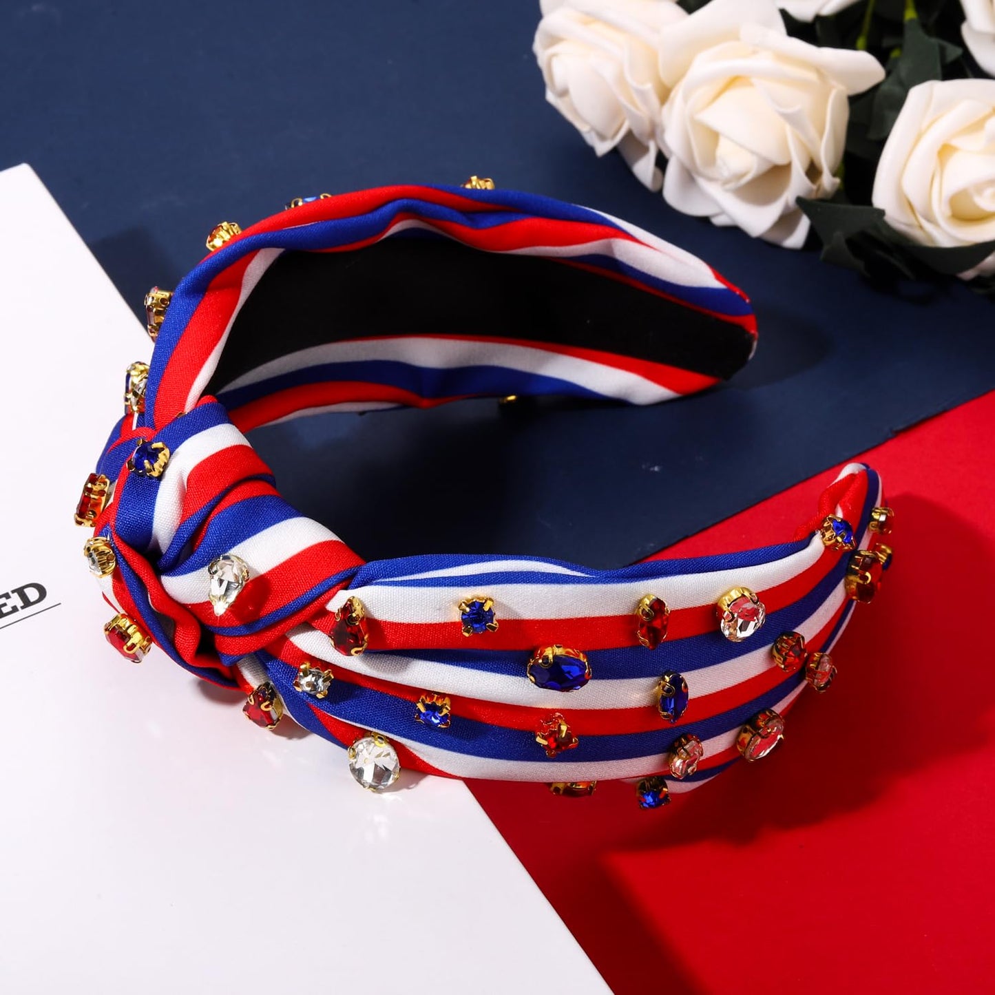MOLOCH American Flag Headband 4th of July Headband Red White Blue USA Stripe Knotted Headband for Women Rhinestone Crystal Patriotic Hairband Party Hair Accessory