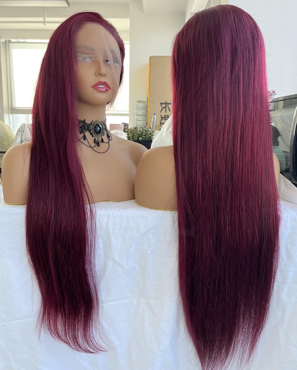ELENINE 99J Burgundy Lace Frontal Wig Human Hair Straight Pre Plucked with Baby Hair for Black Women 13x4 Lace Front Human Hair Wig Brazilian Remy Hair (99j 13x4 Lace Front Wig Straight, 18 inches)