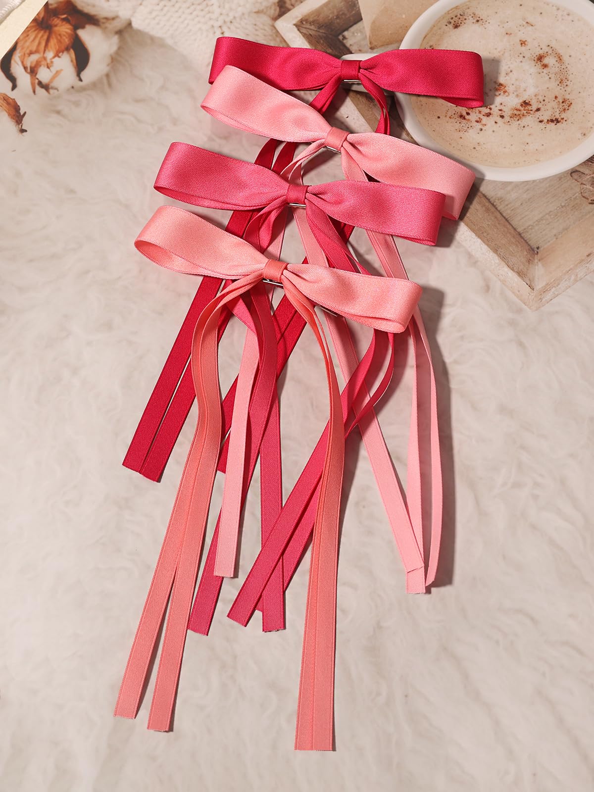 LFOUVRE Hair Accessories, Pink Ribbon Bows with Long Tassels for Hair, Hair Clips for Women and Girls, 4pcs