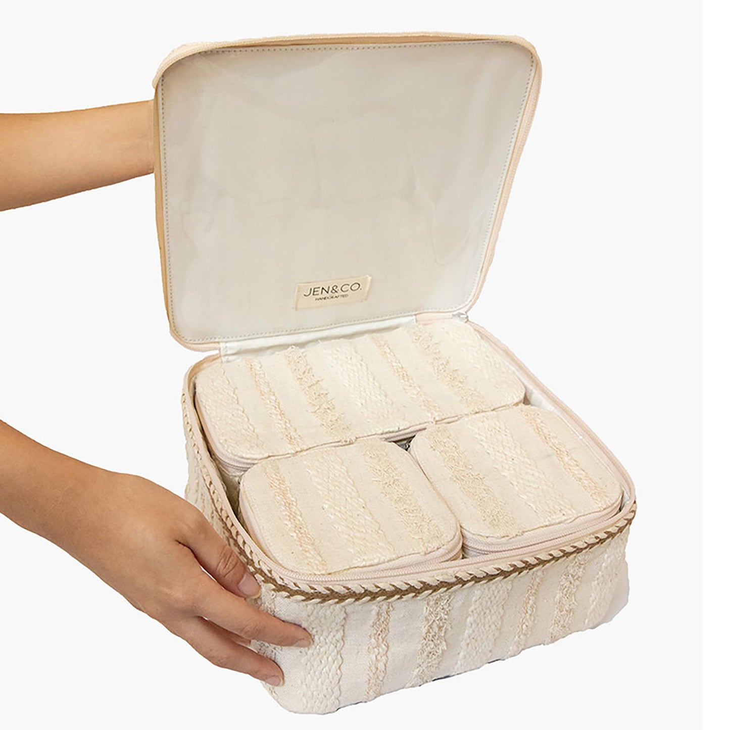 JEN & CO. Bohemian Style Large Cotton Zipper Closure Cosmetic Bag Carrying Make-up Case with Handle and Cube Pouch Organizer 4 Piece Set, Striped Sand
