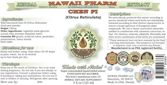 Chen Pi Alcohol-Free Liquid Extract, Chen Pi, Tangerine (Citrus Reticulata) Peel Glycerite Hawaii Pharm Natural Herbal Supplement 2x4 oz