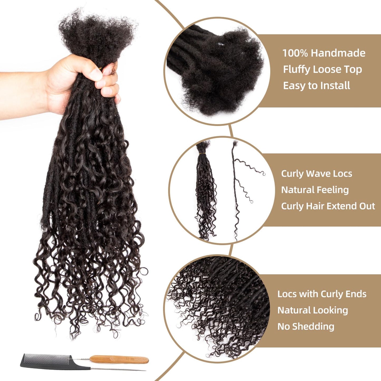 DAIXI Boho Loc Extensions Human Hair with Curly Ends for Women, Can Be Dyed Bleached Handmade Human Hair Dreadlocks with Human Hair Curls Extend Out (1B-0.6cm-Straight, 20 Inch 20 Strands)