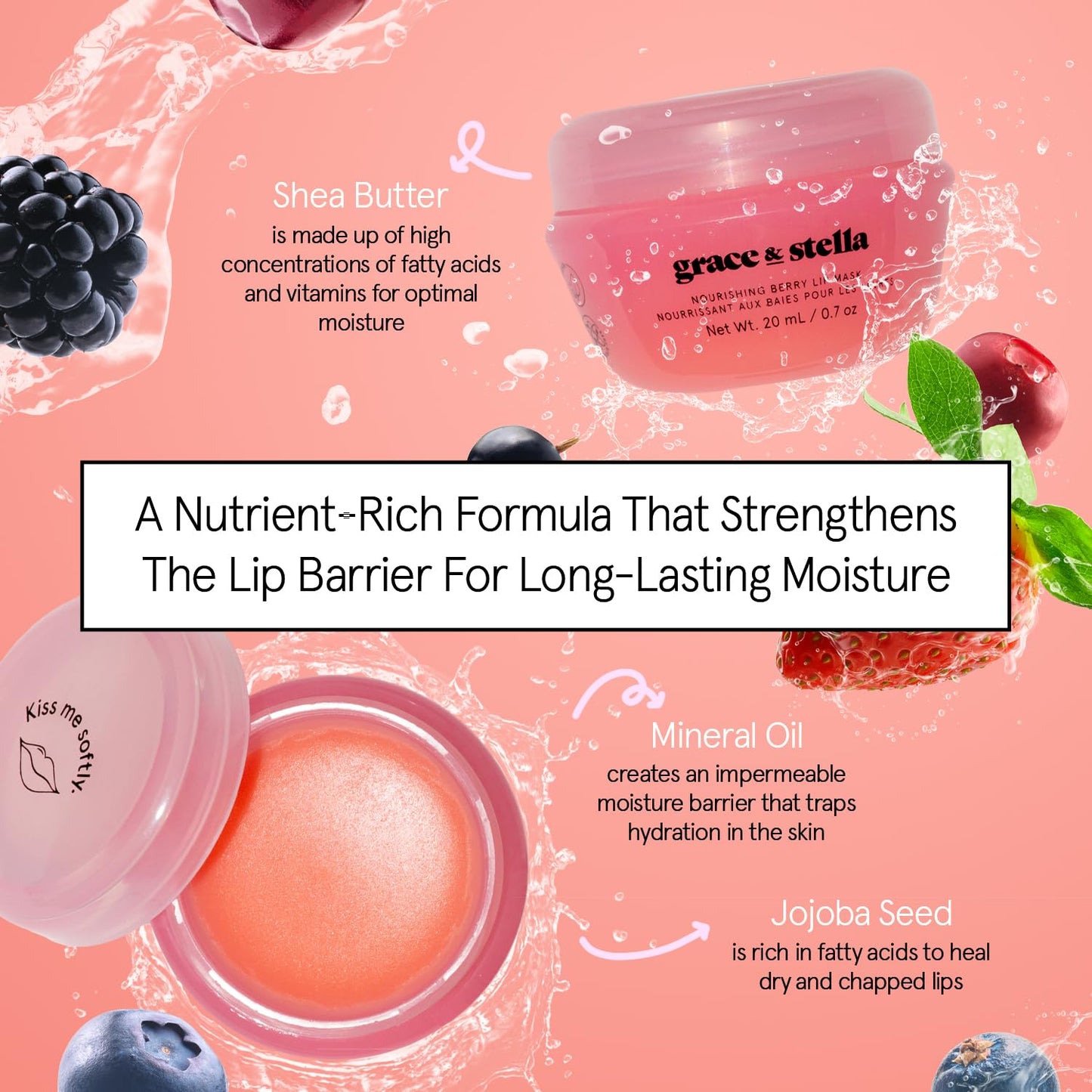 Grace & Stella Kiss Me Softly Nourishing Berry Lip Balm Hydrating - Lip Mask Overnight - Lip Moisturizer For Very Dry Lips - Overnight Lip Mask - Lip Sleeping Mask - Vegan (20ml, 3-Pack)