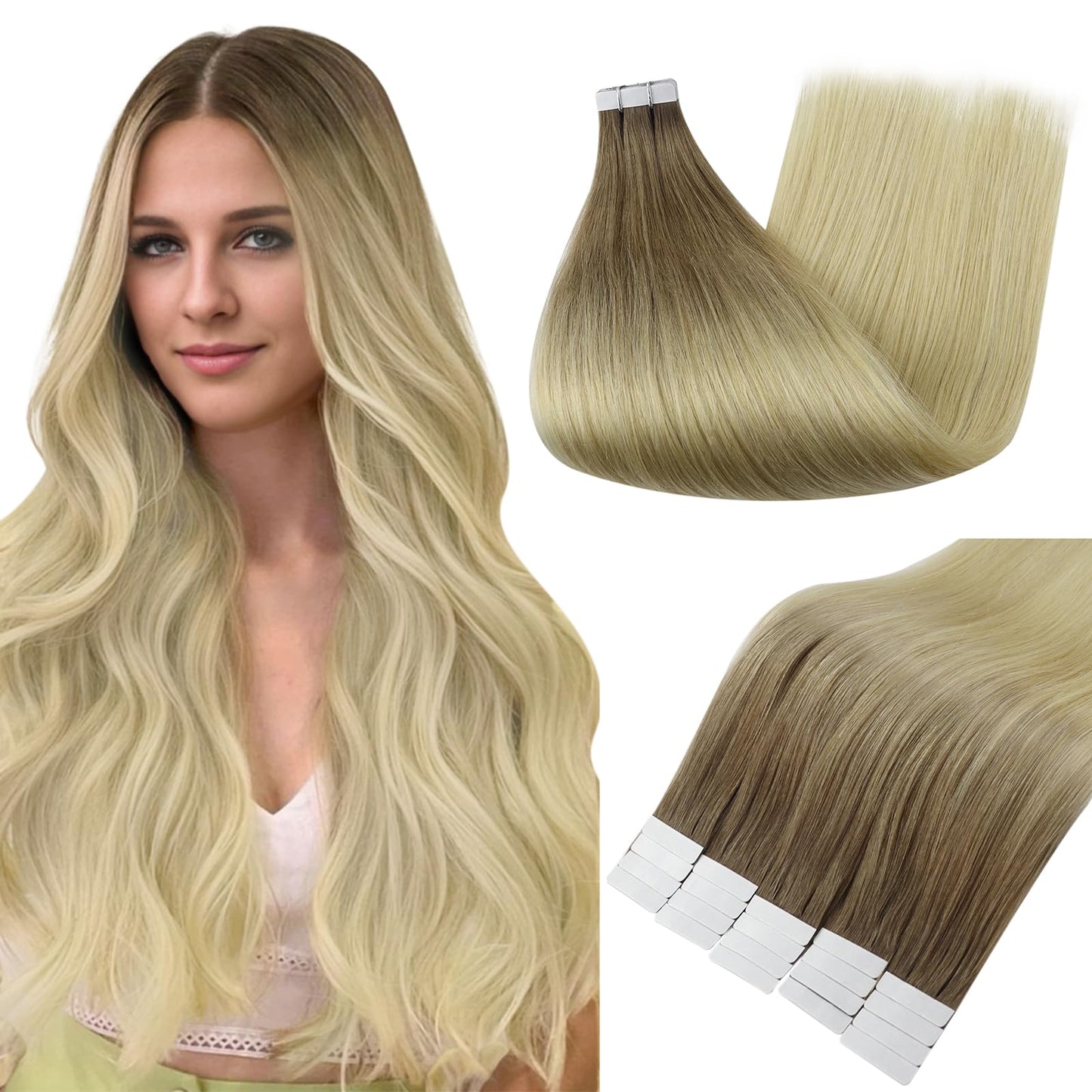 Full Shine Invisible Tape in Hair Extensions Human Hair Color 3 and 8 Brown Fading to 613 Bleach Blonde Balayage 20PCS 30grams Hair Extensions Real Human Hair Tape in 12 Inch Natural Hair Extensions