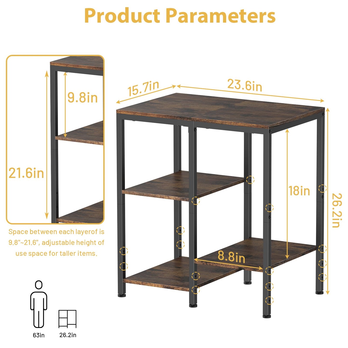 OGEMXU Kitchen Microwave Stand,4-Tier Adjustable Bakers Rack,Multi-Purpose Kitchen Storage Cart for Coffee Station,Space-Saving Metal Appliance Shelf for Living Room,Rustic Brown