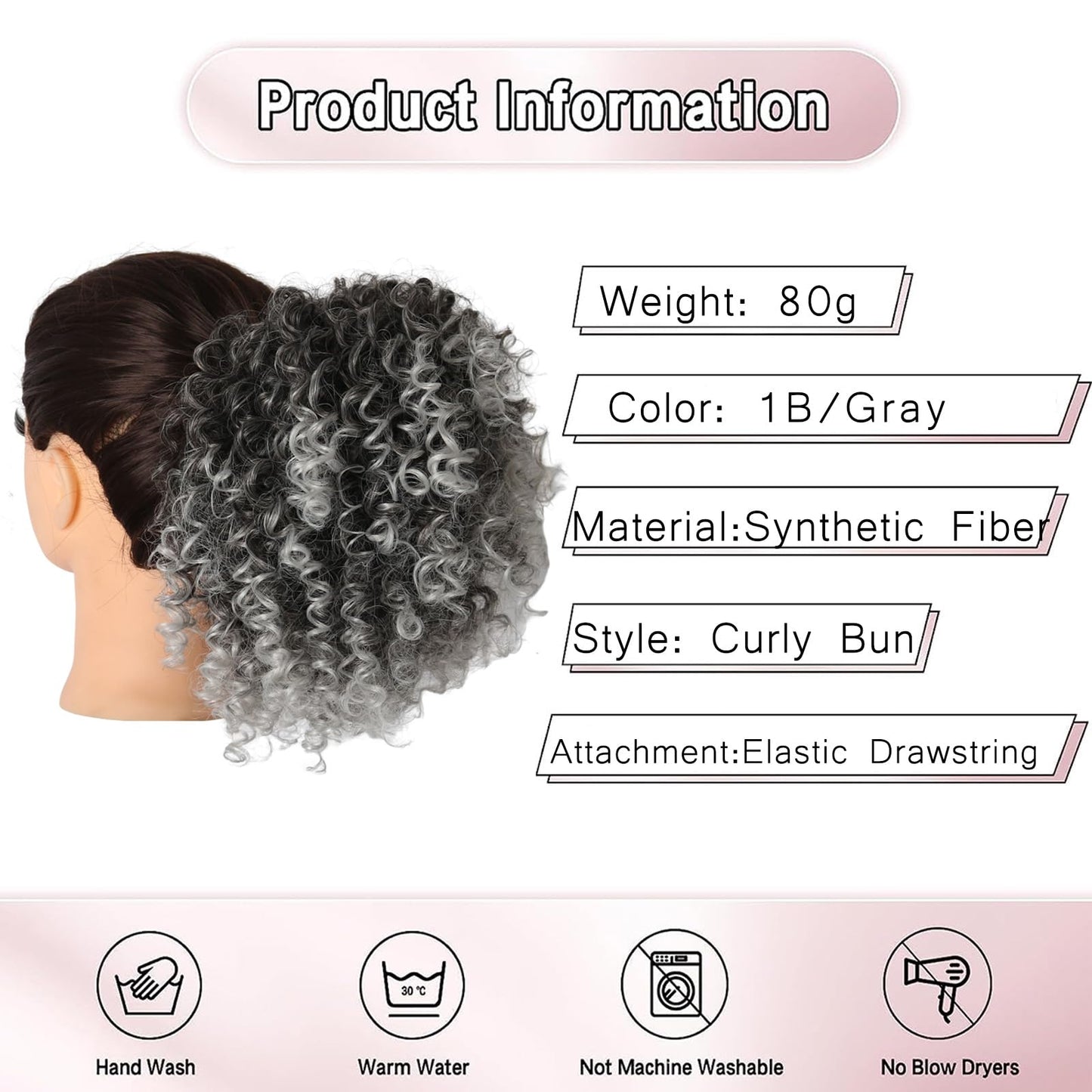 Short Gray kinky Curly Messy Bun Drawstring Ponytail for Black Women Afro Grey Ombre Curly Ponytail Extension Synthetic Messy Kinky Curly Afro Puff Drawstring Ponytail Fluffy Curly Ponytail 1B/Grey
