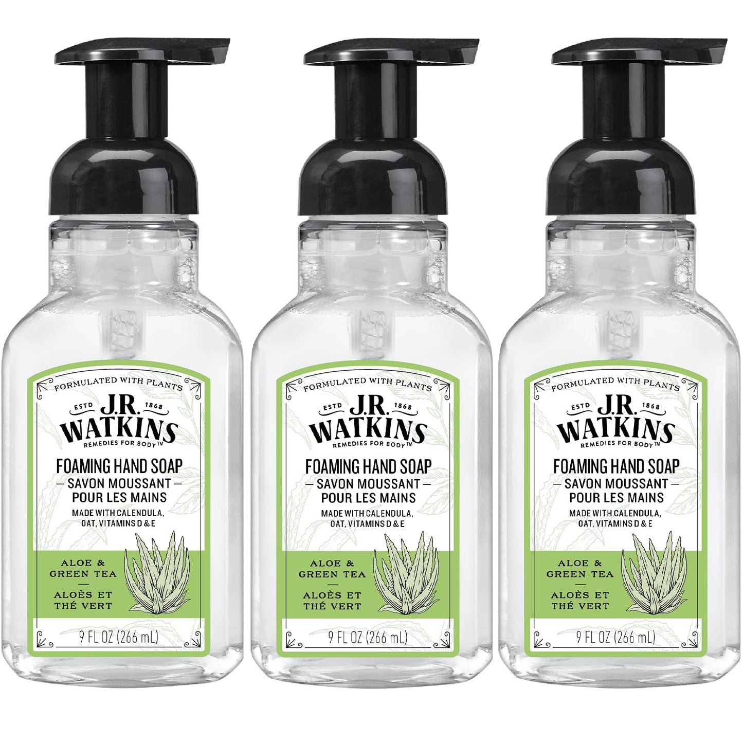 J.R. Watkins Foaming Hand Soap with Pump Dispenser, Moisturizing Foam Hand Wash, All Natural, Alcohol-Free, Cruelty-Free, USA Made, Aloe Green Tea, 9 fl oz, 3 Pack