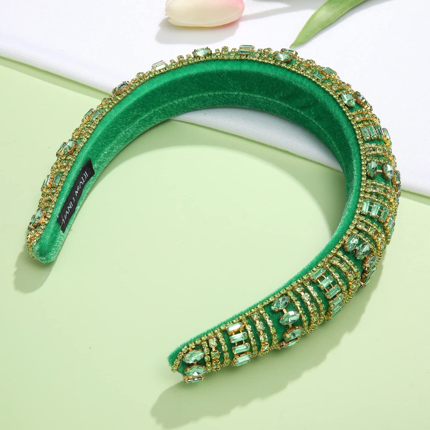 CEALXHENY Crystal Rhinestone Padded Headbands for Women Rainbow Crystal Embellished Hairbands Sparkling Bejewelled Velvet Headbands Wide Hair Hoop for Girls Party Hair Accessory Holiday Gifts (Green)