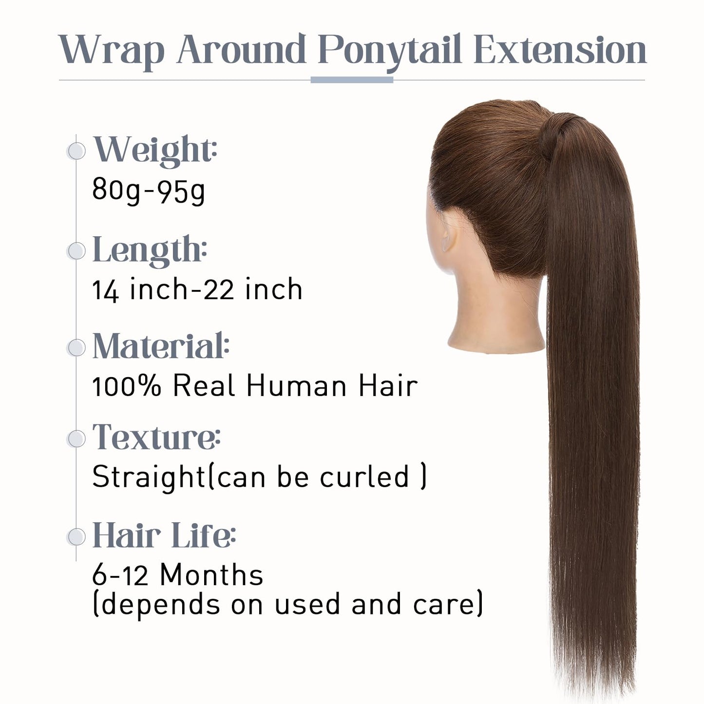 Rich Choices Ponytail Extension Human Hair #4 Medium Brown Real Hair Ponytail Extension Balayage One Piece Clip In Wrap Around Long Ponytail Extension Straight For Women 20 Inch 95g