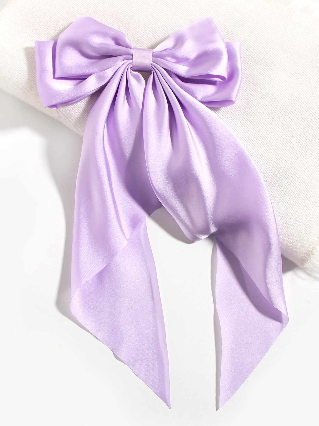 Furling Pompoms Hair Bows for Women, 2 Pack Large Satin Silky Bow Clips Lilac Ribbon Long Tail French Barrette Clamps Girls Purple Accessories Party Wedding
