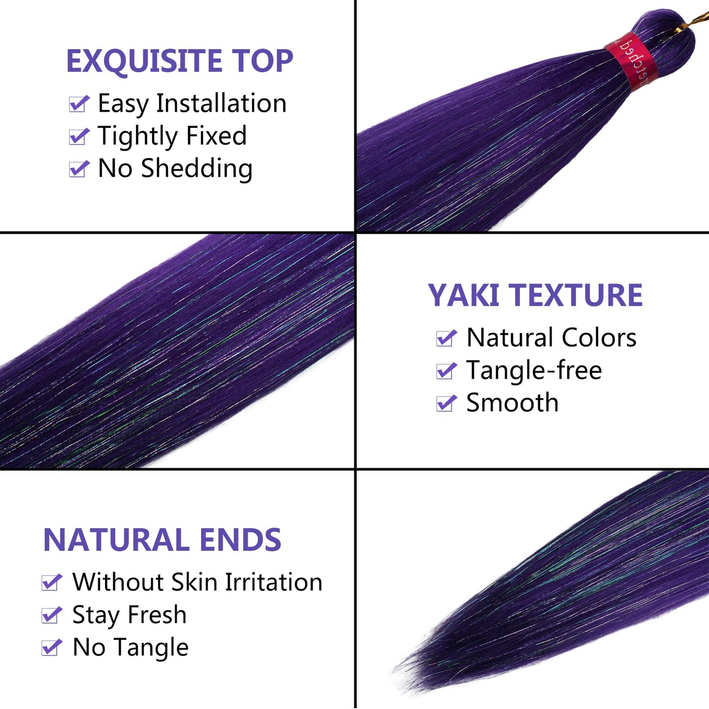 Dark Purple with Tinsel Braiding Hair Pre Stretched 2 Packs 26 Inches Kanekalon Box Braids Hair Extensions Synthetic Pre Stretched Braiding Hair