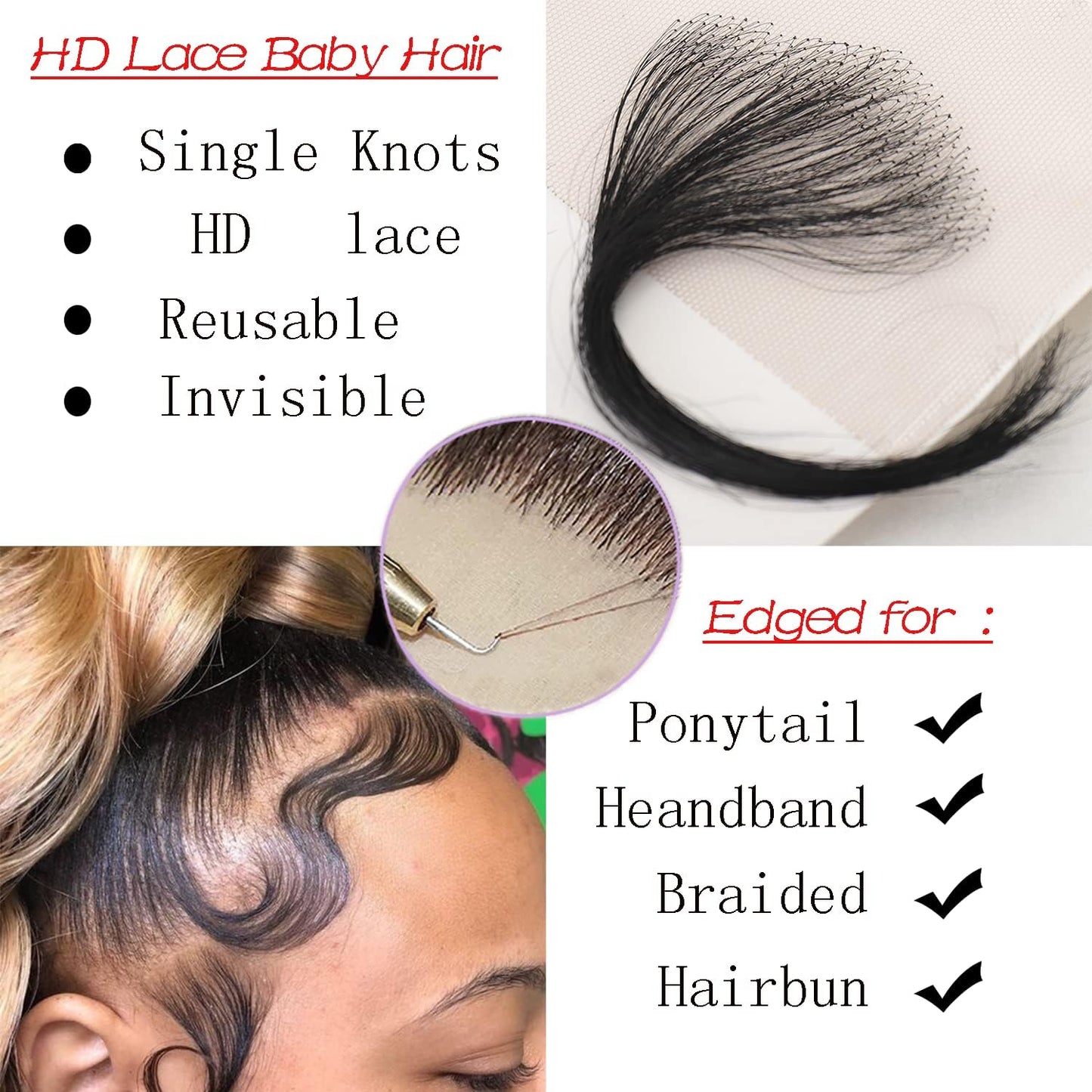 Lumhun HD Lace Edges Baby Hair for Black Women 2Pcs HD Lace Edges Fake Baby Hair Pieces Virgin Human Hair Swiss Hairline Instant Remy Baby Hair
