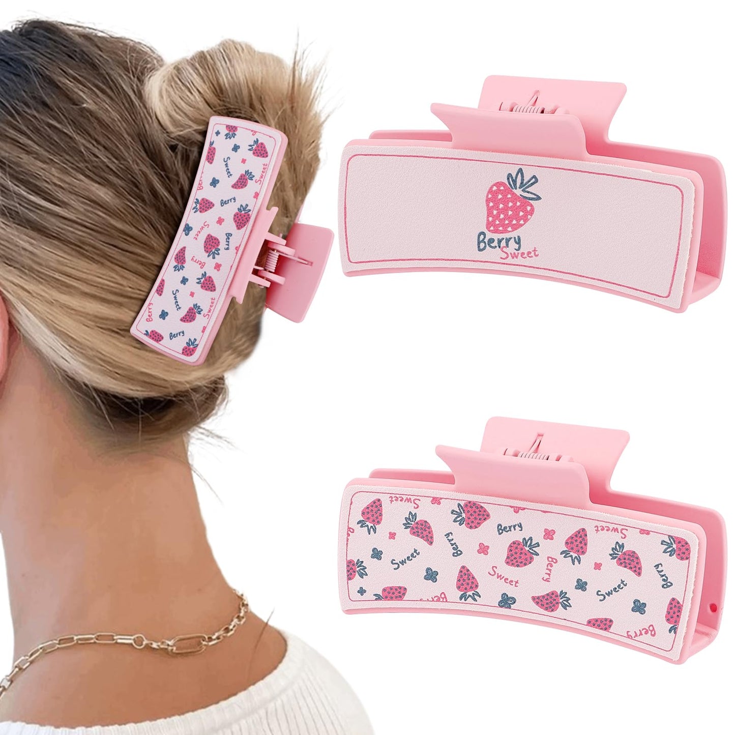 Hapdoo Pink Western Claw Clips, PU Leather Square Hair Clips Western Accessories for Cowgirl, Strawberry 4” Western Hair Clips Set Country Stuff Gifts for Women Girls