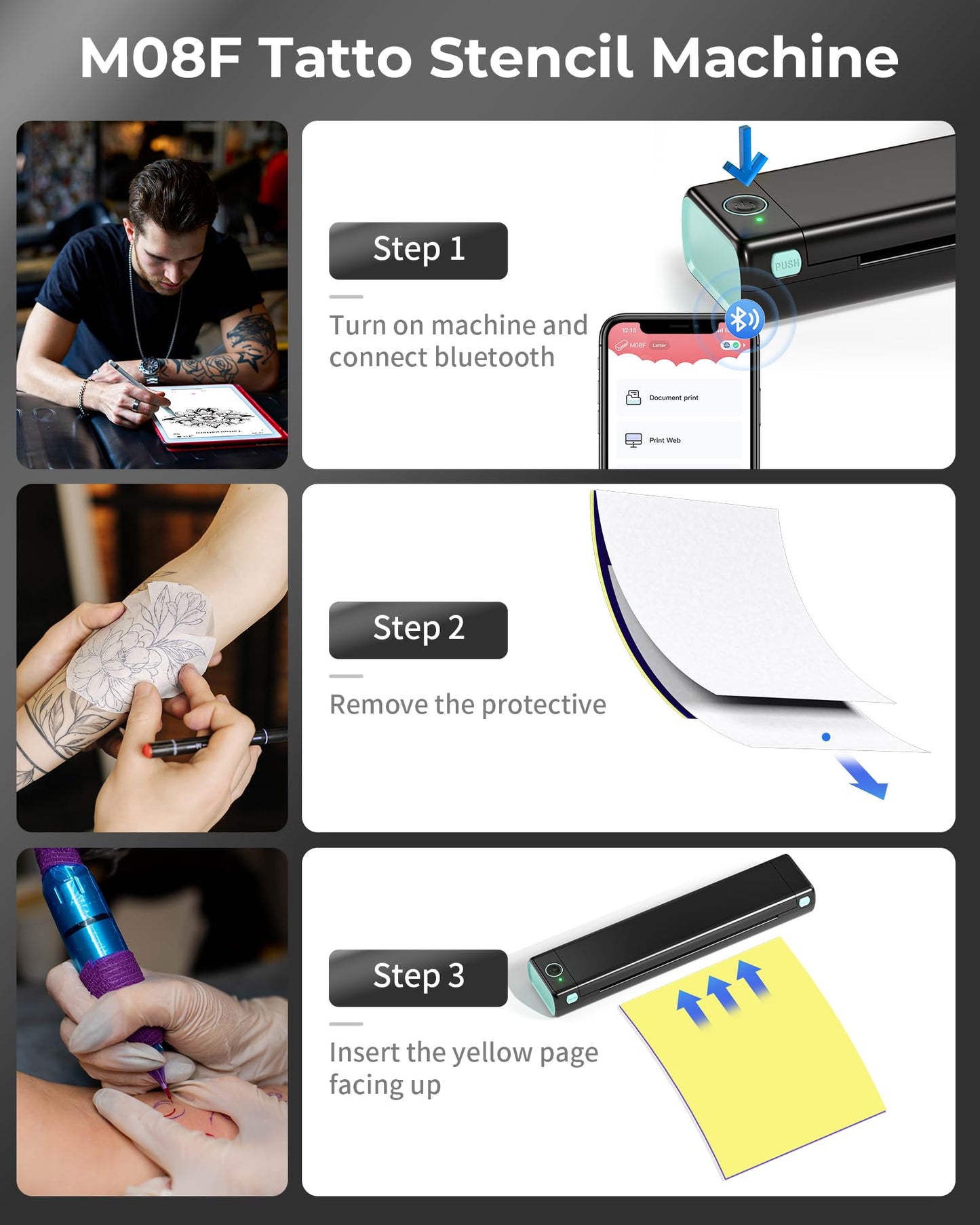 Itari M08F Wireless Tattoo Stencil-Printer - Tattoo Transfer Machine Thermal Copier with 10pcs Transfer Paper, Bluetooth Stencial Printer for Tattooing, Compatible with Smartphone & PC, Black…