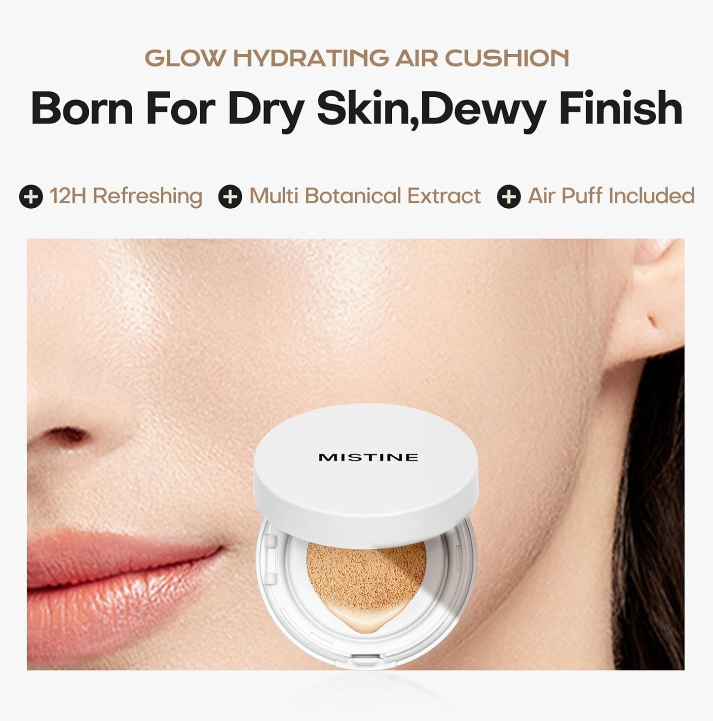 Mistine Tavel Size Air Cushion Foundation Glow Hydrating Finish Medium Coverage Foundation Makeup for Dry Skin,24H Hydrating Long-Lasting Waterproof Smudge Proof, Natural Beige