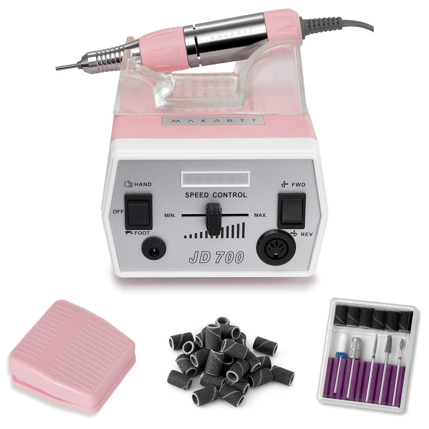 Makartt Nail Drill Portable Electric Nail File Machine Geneviere E File Pink JD700 Professional 30000RPM Manicure Drill Bundle with 300Pcs #80#150#240 Grits Nail Drill Bits Sanding Bands