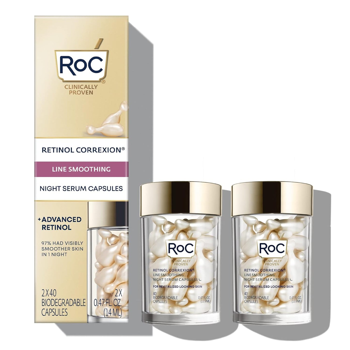 RoC Retinol Correxion Anti-Aging Wrinkle Night Serum, Retinol Serum for Face, Daily Treatment for Fine Lines, Post Acne Scars, 80 Capsules (Limited Edition Value Set), Unscented