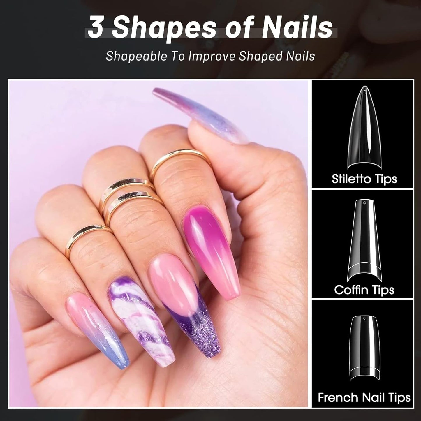 krofaue 3 Styles False Nail Tips Kit,340PCS Clear Coffin French Stiletto Nail Tips Half Cover Acrylic Artificial Press on Nails for Nail Extension Soft Gel Tips Art DIY