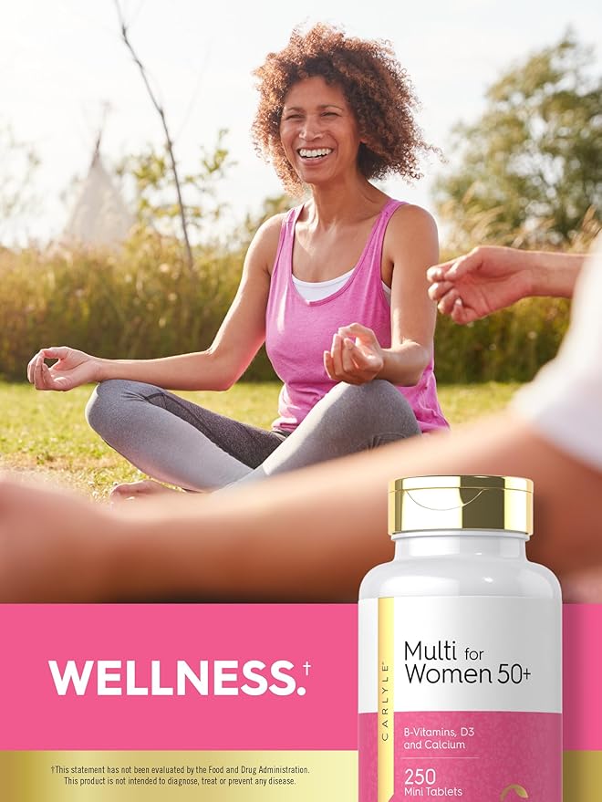 Carlyle Multivitamin for Women 50 and Over | 250 Mini Tablets | Iron Free Supplement | with B12, D3, and Calcium | Non-GMO, Gluten Free