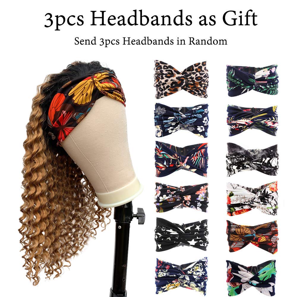 Glueless Headband Human Hair Wigs Deep Wave Ombre Natural Black to Strawberry Blonde Highlight No Lace Front Wigs 14 inch 150% Density Full Ends for Black Women with Pre-attached Scarf 1b27 Colored
