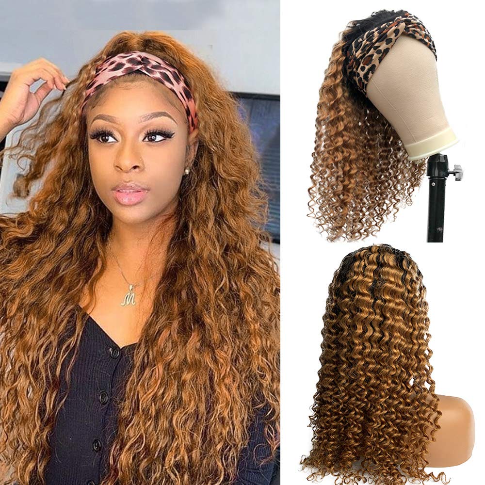 Glueless Headband Human Hair Wigs Deep Wave Ombre Natural Black to Strawberry Blonde Highlight No Lace Front Wigs 14 inch 150% Density Full Ends for Black Women with Pre-attached Scarf 1b27 Colored