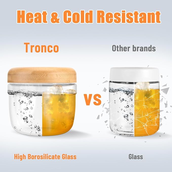 Tronco 24 oz Glass Container with Bamboo Lids, Food Storage Bowls for Soup, Stew & Overnight Oats, Meal Prep, Glass Lunch Bowl Container 100% Leak & Spill Proof, Airtight, BPA-Free- Ideal Gifts, Amber
