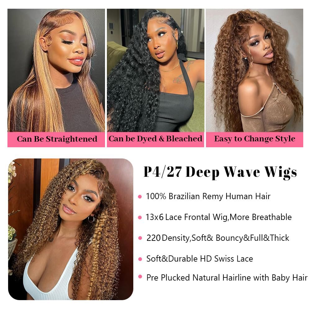 Smilenice 13x6 Highlight Ombre Deep Wave Lace Front Wigs Human Hair Pre Plucked 220% Density 4/27 Colored Honey Blonde Curly Human Hair Wig Glueless HD Transparent Lace Front Wigs for Women 16 Inch