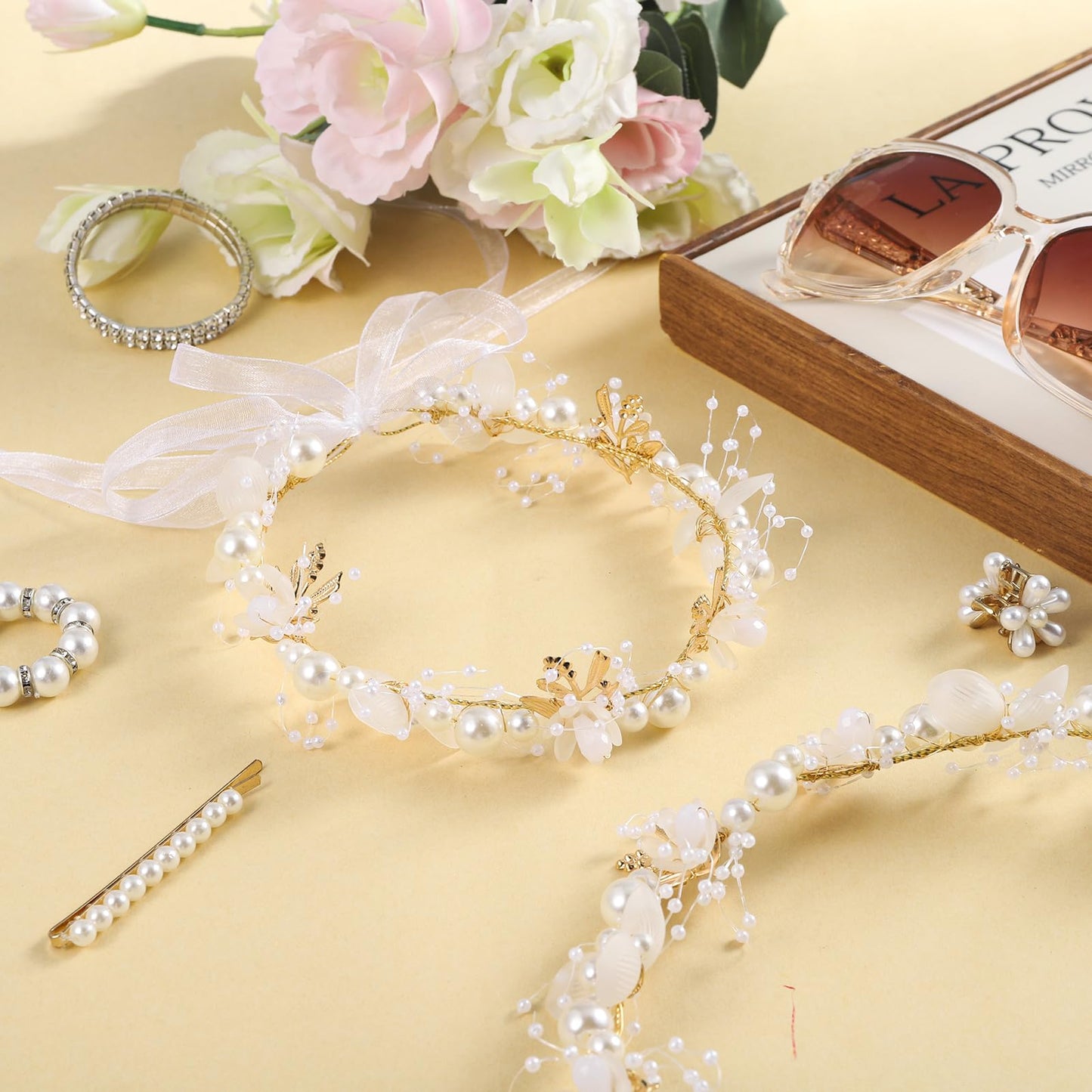 Hoemwarm 4 Pcs Flower Girl Crystal Pearl Headpiece,Gold Floral Girls Wedding Crown Hair Accessories Rhinestone Tiara Hair Pieces Headband for First Communion Accessories
