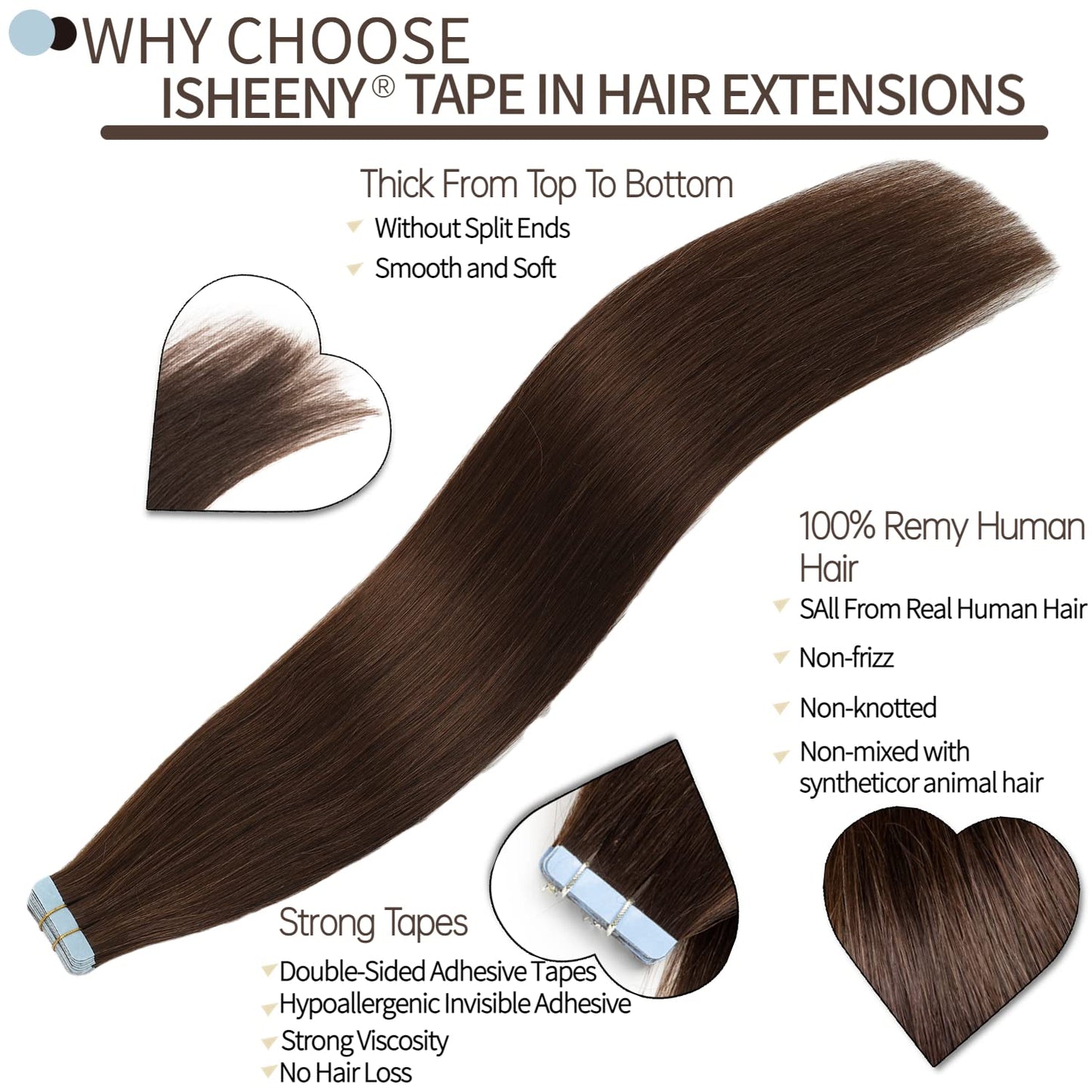 Isheeny Tape in Hair Extensions Human Hair 100% Real Remy Human Hair Extensions Seamless Straight Hair extensions Real Human Hair Tape in Extensions Darkest Brown 20Inch 40Pieces 100g/Set #2
