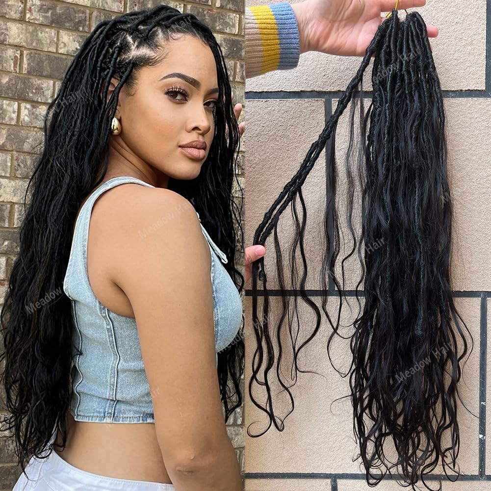 Meadow hair Boho Faux Locs Human Hair Curls Crochet Bohemian Braids Human Hair Knotless Pre Looped Synthetic Goddess Braids With Human Hair Curly Ends Body Wave For Braiding 22Inch 24Locs