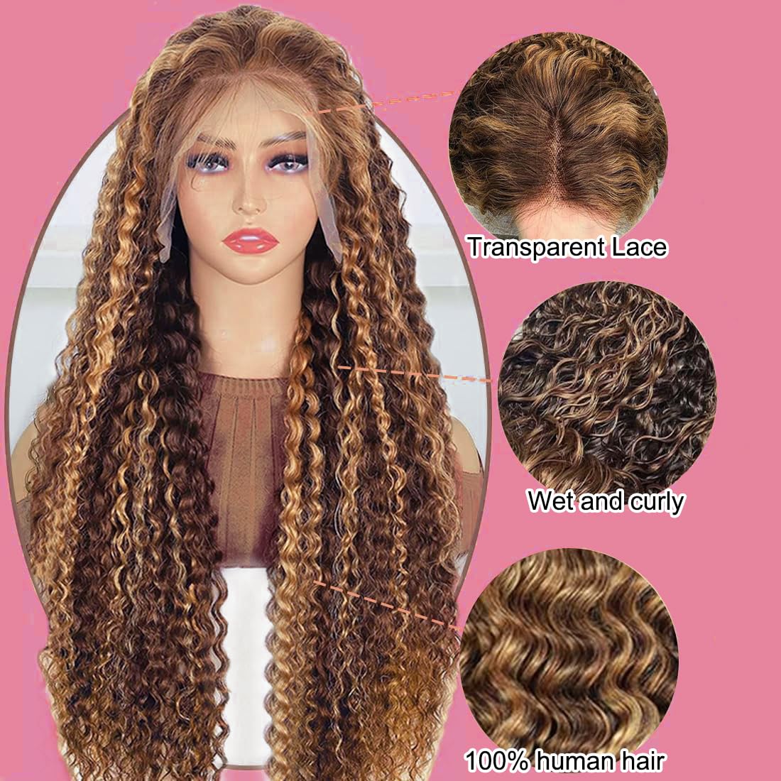 Smilenice 13x6 Highlight Ombre Deep Wave Lace Front Wigs Human Hair Pre Plucked 220% Density 4/27 Colored Honey Blonde Curly Human Hair Wig Glueless HD Transparent Lace Front Wigs for Women 16 Inch