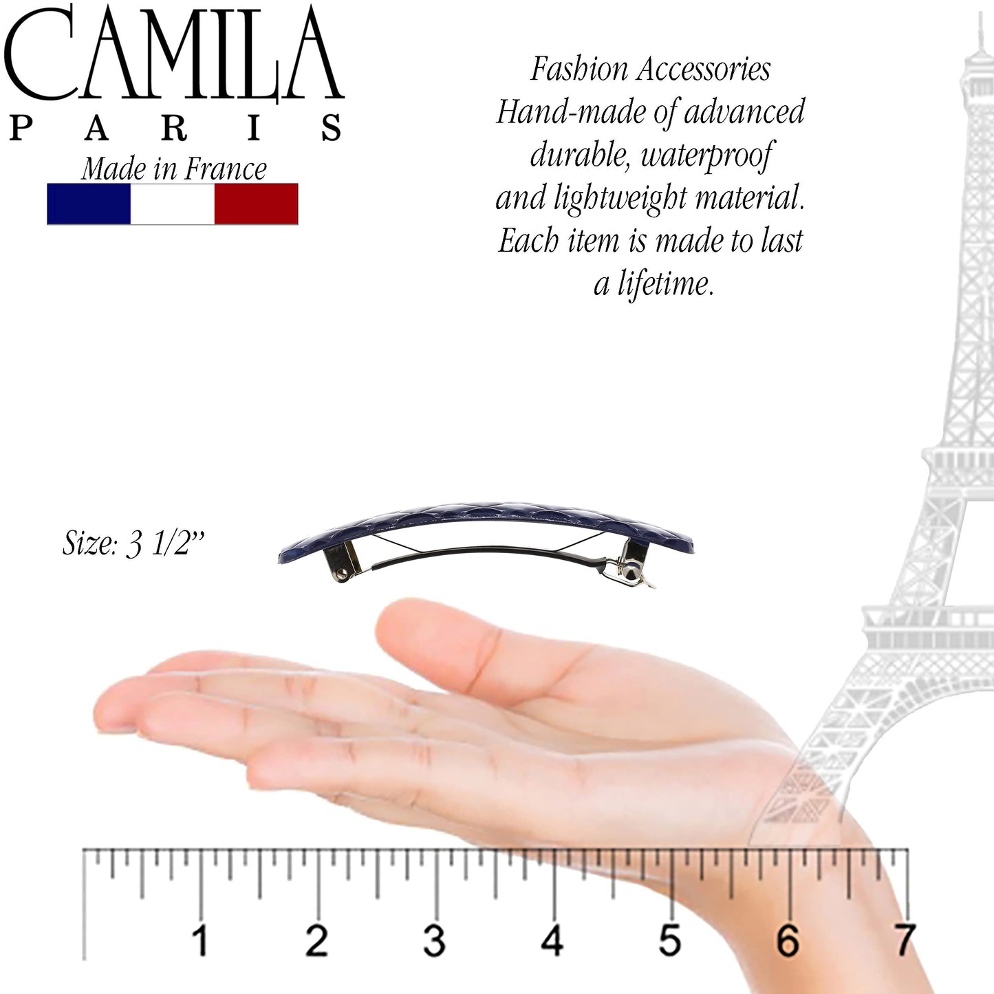Camila Paris CP3250 French Hair Barrette Clip for Girls, Blue Shell, Rubberized Metal Closure Strong Hold Grip Hair Clips for Women, No Slip Durable Styling Girls Hair Accessories, Made in France
