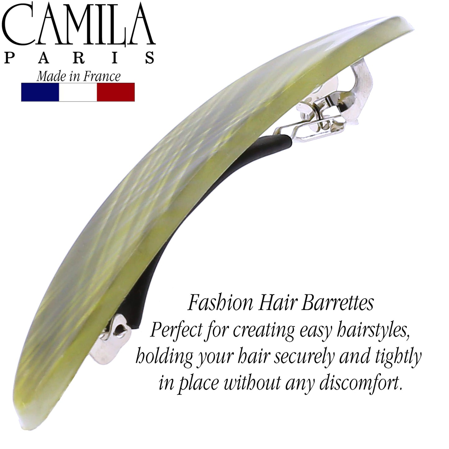 Camila Paris CP3389 French Hair Barrette Clip for Girls, Gray Green Small Strong Hold Grip Hair Clips for Women, No Slip Rubberized Automatic Clasp Styling Hair Accessories, Made in France