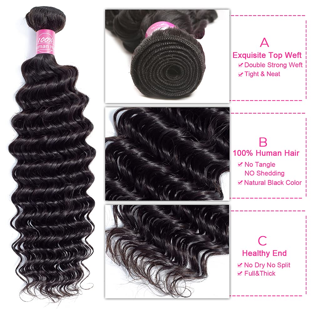 Deep Wave Bundles with Closure Brazilian 10A Human Hair Bundles(14 16 18+12 Closure)Deep Weave Curly Human Hair 3 Bundles with 4x4 Lace Closure Remy Unprocessed Virgin Human Hair Bundles Natural Color