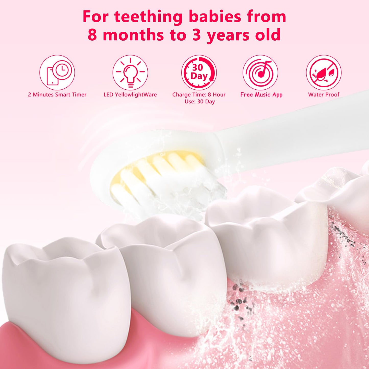 Kids Electric Toothbrushes with Check-in LED Light, Toddler Electric Toothbrush, Wireless Charge, Silicone Handle, 4 Modes, 3 Brush Heads for Ages 8 Months+ (Pink+3 Brush)