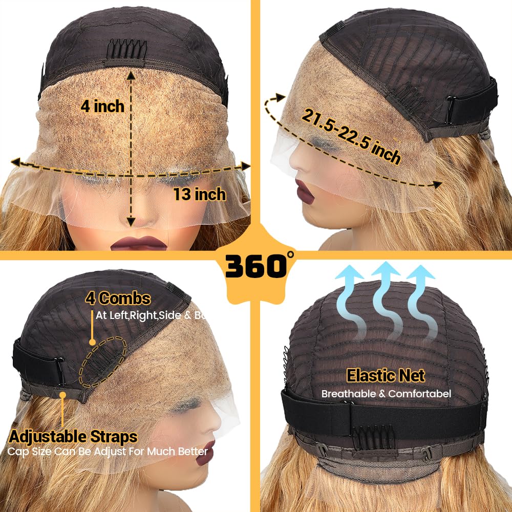 SOSATISFY Body Wave Honey Blonde Wig Human Hair 13x4 Honey Blonde HD Lace Front Wig Human Hair 200% Density 27# Colored Human Hair Wigs Pre Plucked with Baby Hair (18 inch)