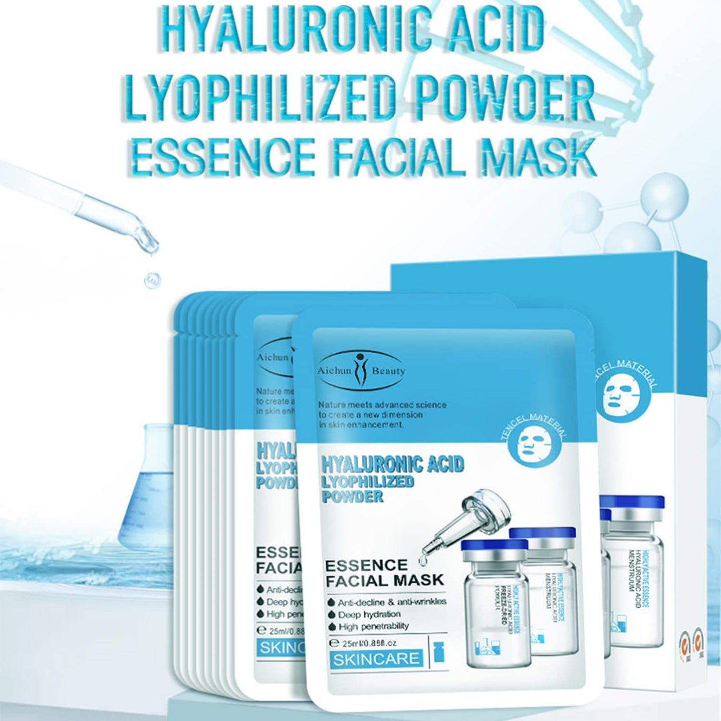 AICHUN BEAUTY Essence Facial Mask Tencel Material Anti-acne Anti-wrinkles Repair After Sun Moisturizing Deep Cleaning Contractive Pore 25ml/0.88fl.oz X 10pcs (HYALURONIC ACID LYOPHILIZED POWDER(10pcs))