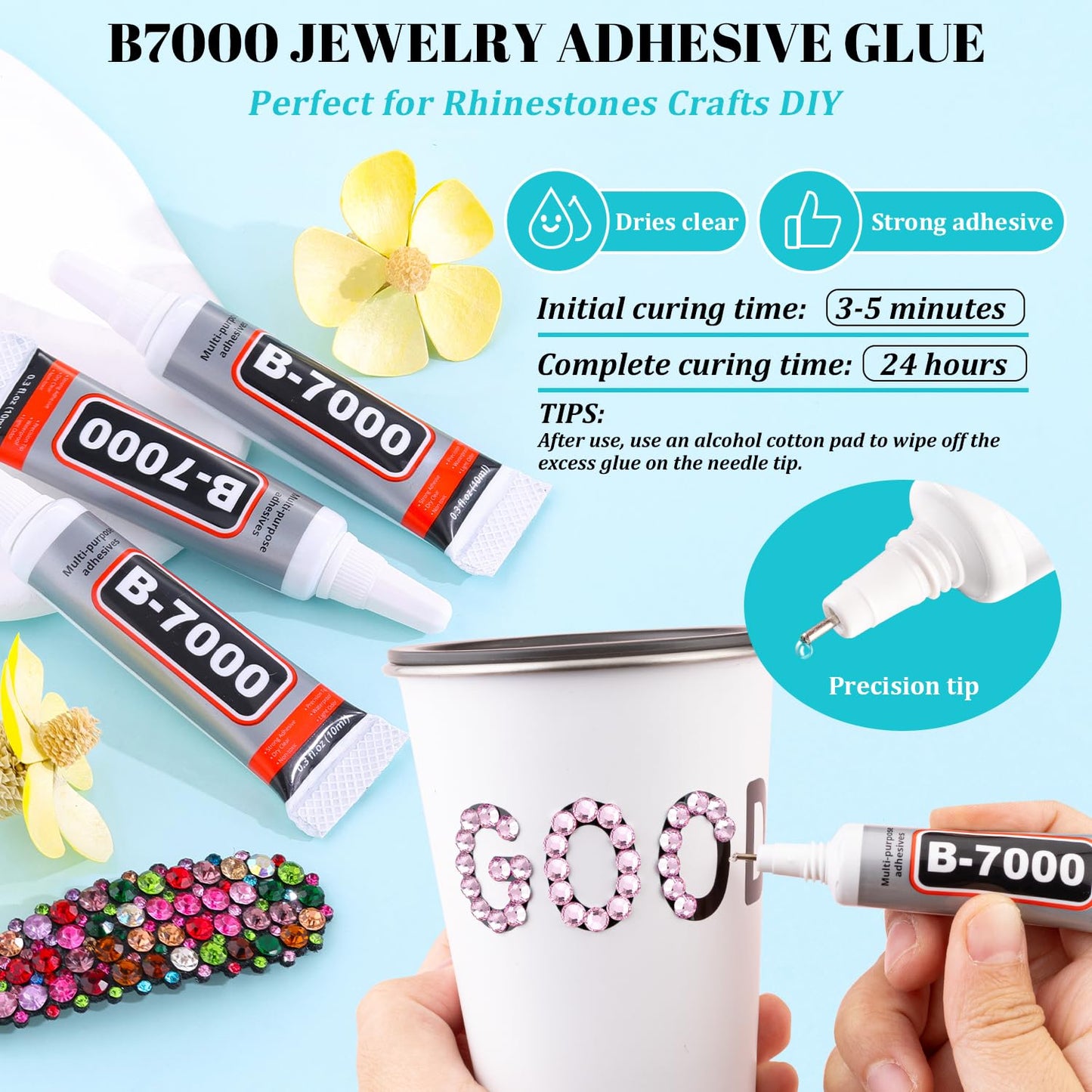6100Pcs Resin Rhinestones for Crafting with 2Pcs 10ml B7000 Jewelry Glue, 1 Box Flatback Crystals Diamond (Light Pink) for Bedazzling Crafts DIY Nail Art Non Hotfix Gems for Clothing Shoes