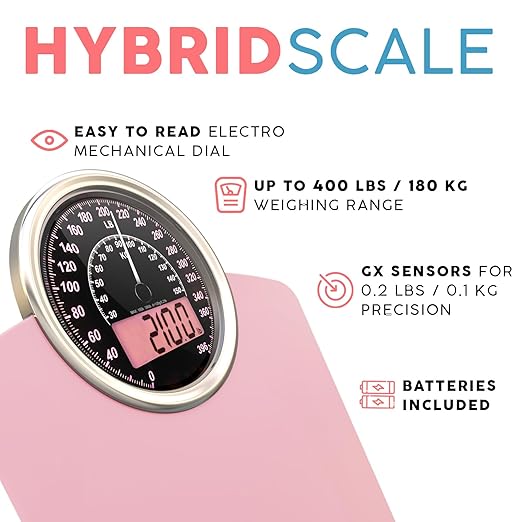 Adamson Hybrid 2-in-1 Analog & Digital Weighing Scale for Body Weight up to 400lbs + Thick Tempered Glass + Extra Large Display + Easy to Read Digital Bathroom Scale + New - Pink