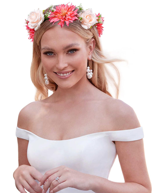 CHLINS Flower Crown Bridal Flower Headbands for Women Bohemian Floral Crown with Ribbon Hair Wreath Floral Headpiece for Wedding Birthday Party Fairy Crown (Champagne + Orange)