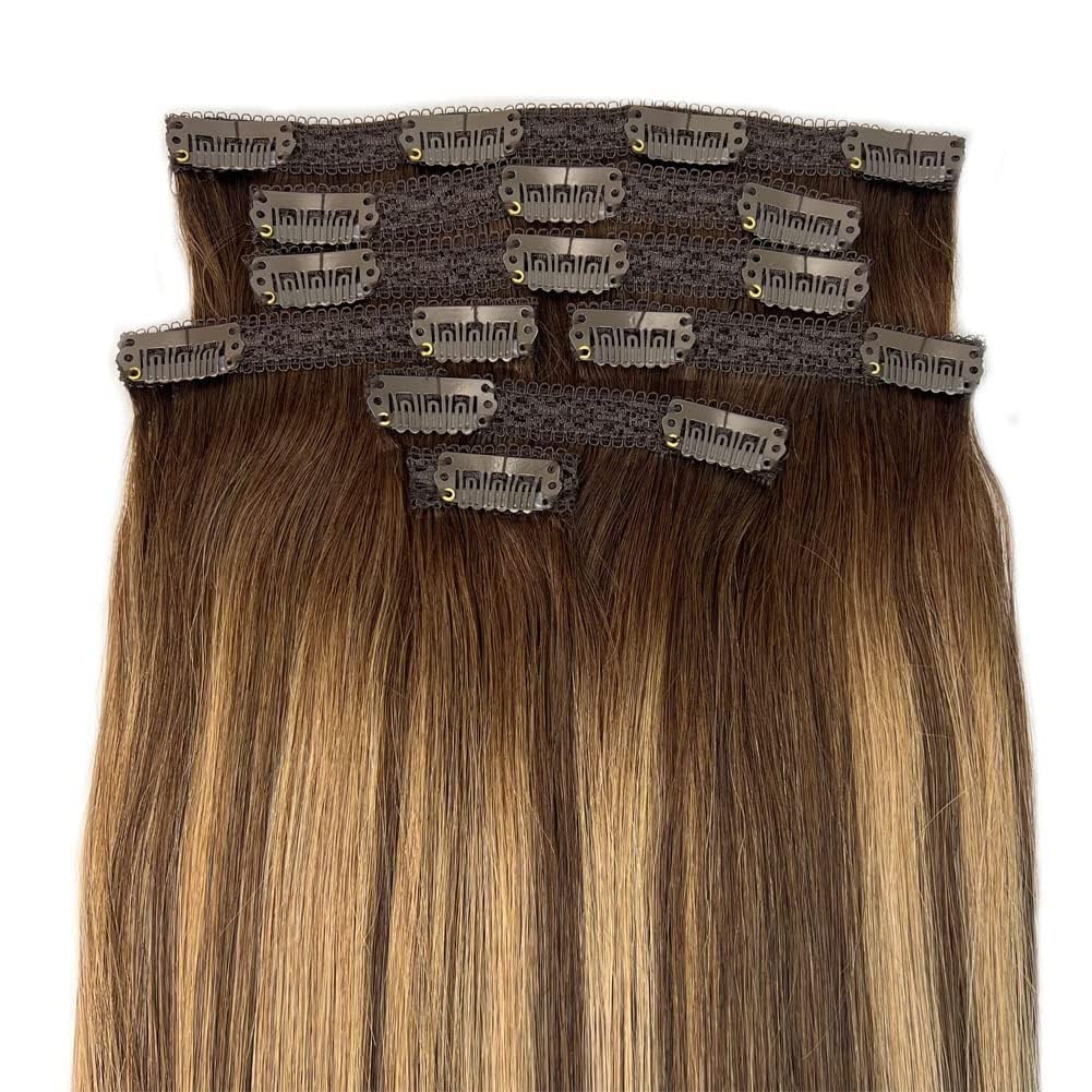Brown Clip in Medium Length Real Human Hair Extensions 16 Inch Balayage Brown Hair Extensions Easy to Use with Clips 120g