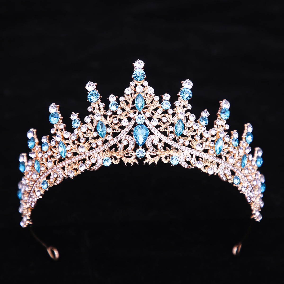 Kamirola Tiara for Women, Crystal Queen Crowns, Rhinestone Princess Tiaras, Royal Hair Accessories Perfect for Birthday,Prom,Decorations, Wedding Brides, and Halloween (Gold & Skyblue)