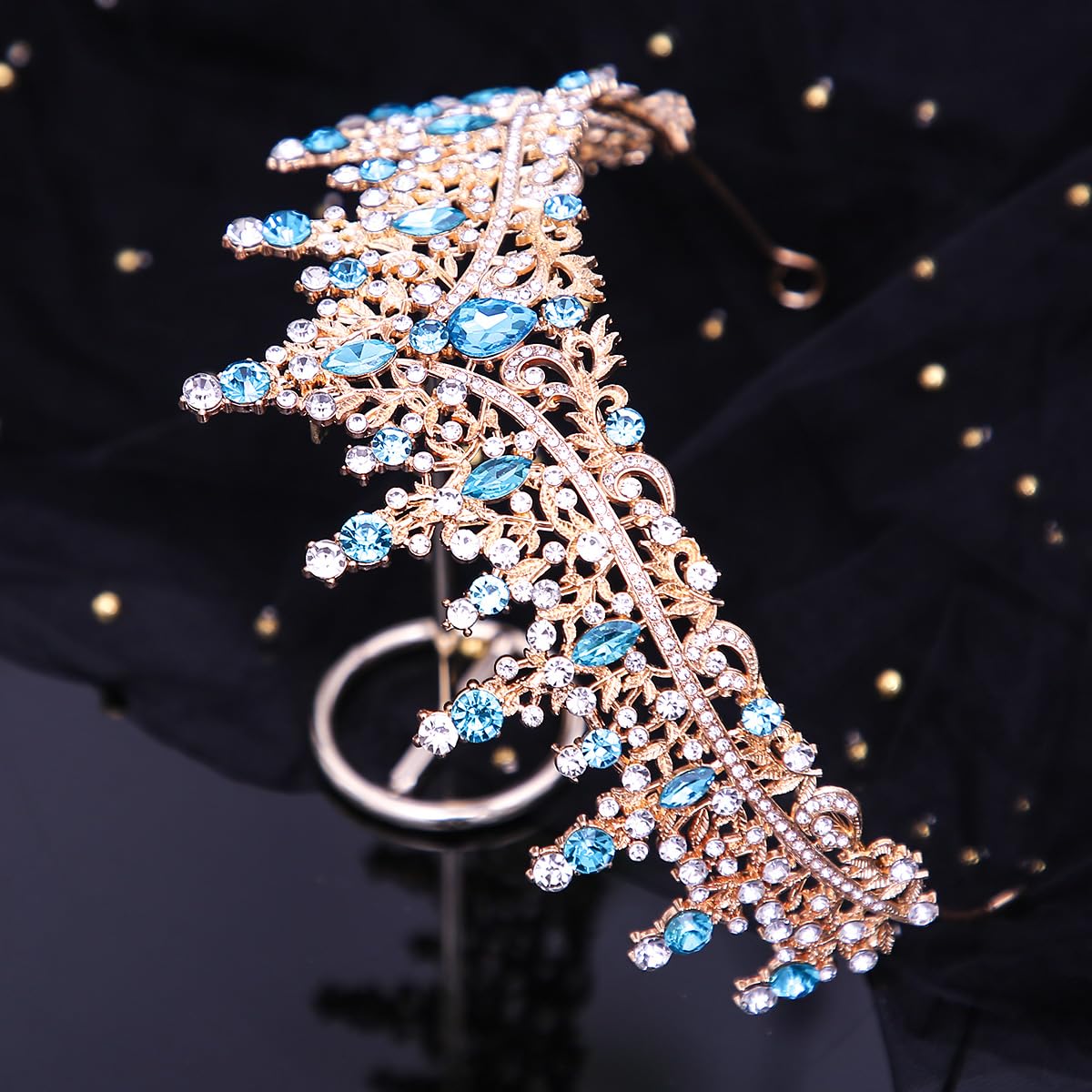 Kamirola Tiara for Women, Crystal Queen Crowns, Rhinestone Princess Tiaras, Royal Hair Accessories Perfect for Birthday,Prom,Decorations, Wedding Brides, and Halloween (Gold & Skyblue)