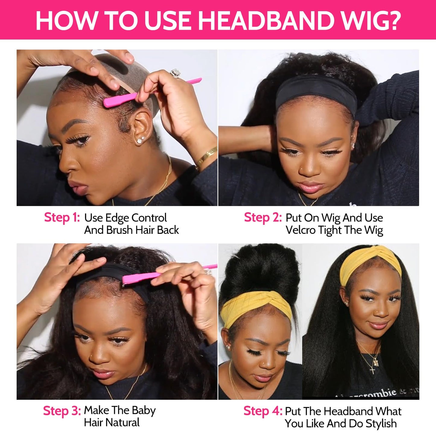 ME-U Headband Wig Human Hair Kinky Straight Guleless Wigs for Black Women Wear and Go 180% Density Yaki Straight Wig No Lace Natural Black Color 30 Inch