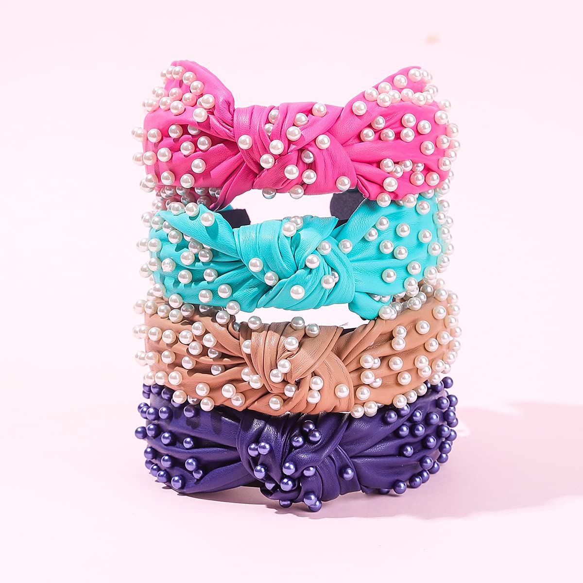 FEDANS Pearly Knotted Women Pink Headband Luxury Jeweled Leather Beaded Embellished Top Hairband Fashion Elegant Ladies Hair Band
